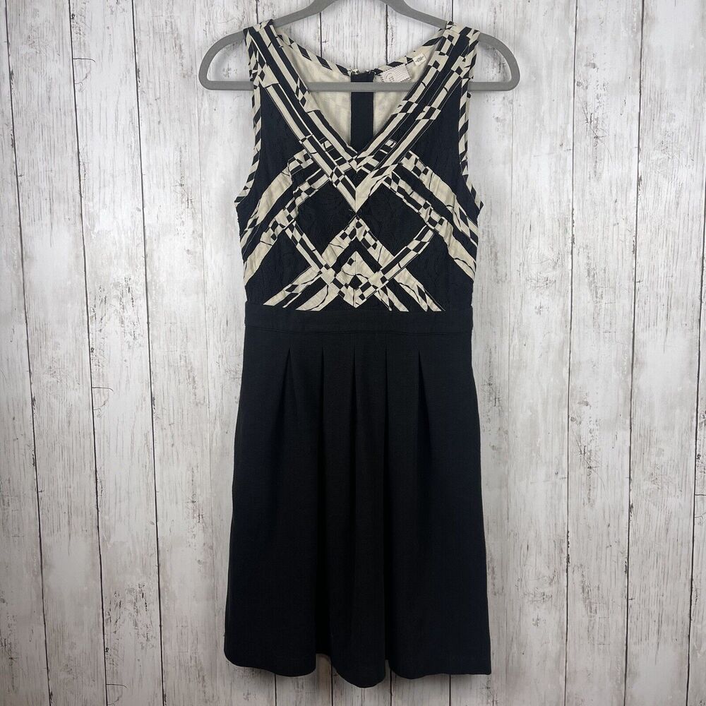 Anthropologie Postmark 9-H15 STCL Dress 6 Black White Pockets Pleated Cocktail